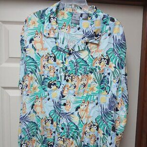 Bluey Men Shirt Size 2XL Hawaiian Button Front Tropical Cartoon Beach Resort NWT